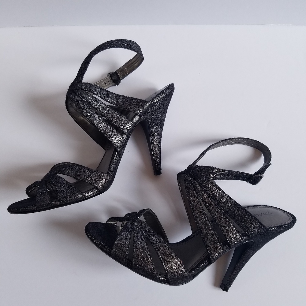 Audrey Brooke Silver Pewter Stappy Heel Sandals 10
